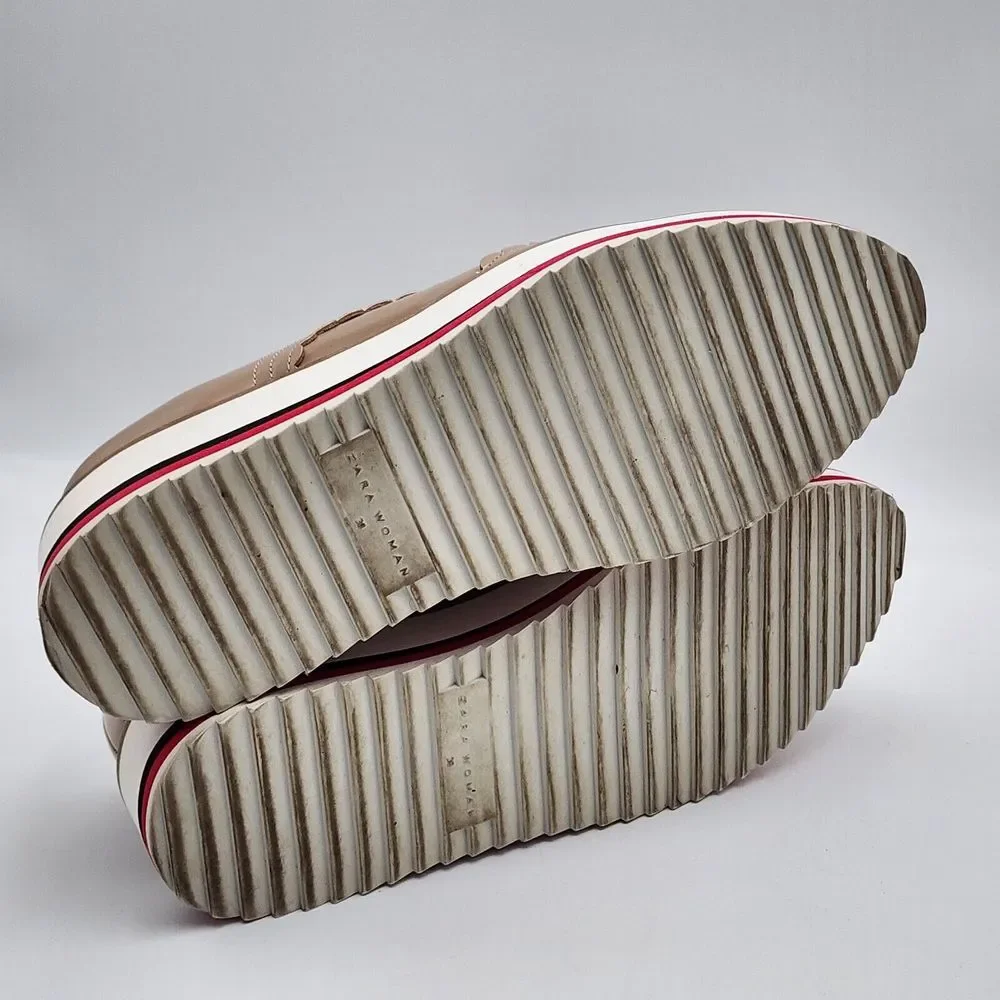 Zara Oxford Shoes Women's 38 / 7.5 Tan Nude Patent Leather  Platform‎ Lace